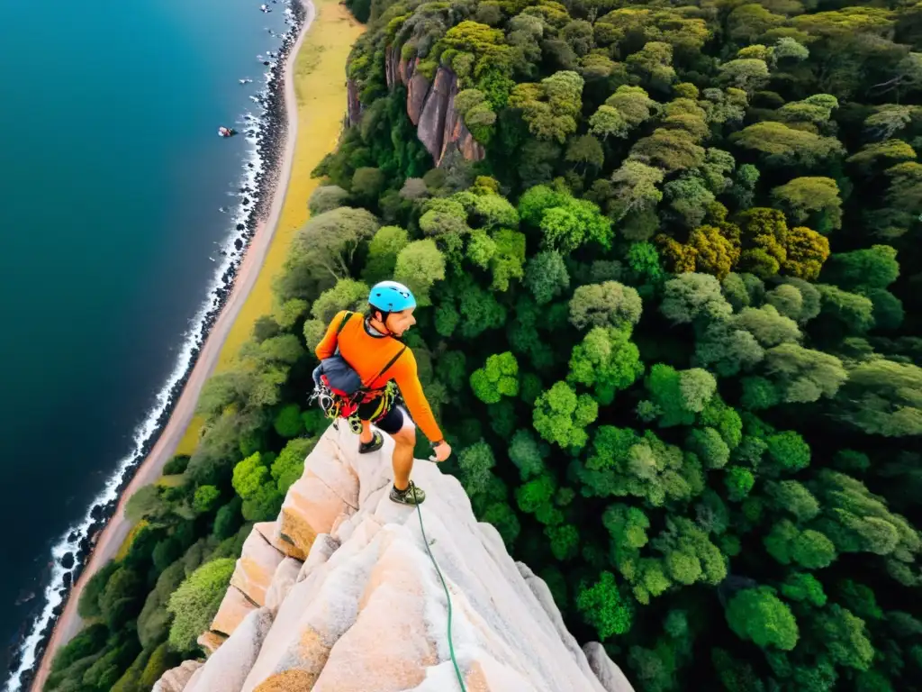 Valiente escalador en Cerro Batoví, uno de los majestuosos lugares para practicar escalada en Uruguay, bajo un cielo rosado y naranja