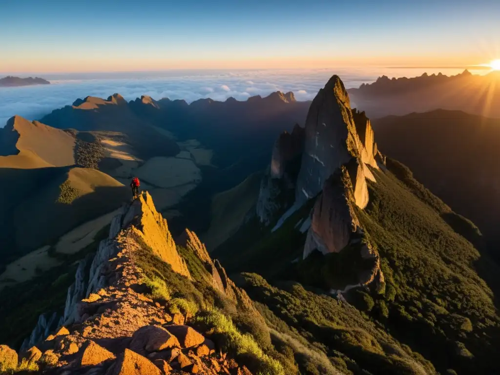 Un valiente escalador ascendiendo con esmero un desafiante pico rocoso al amanecer, reflejando la pasión de 'Escalada en Uruguay desafíos picos'