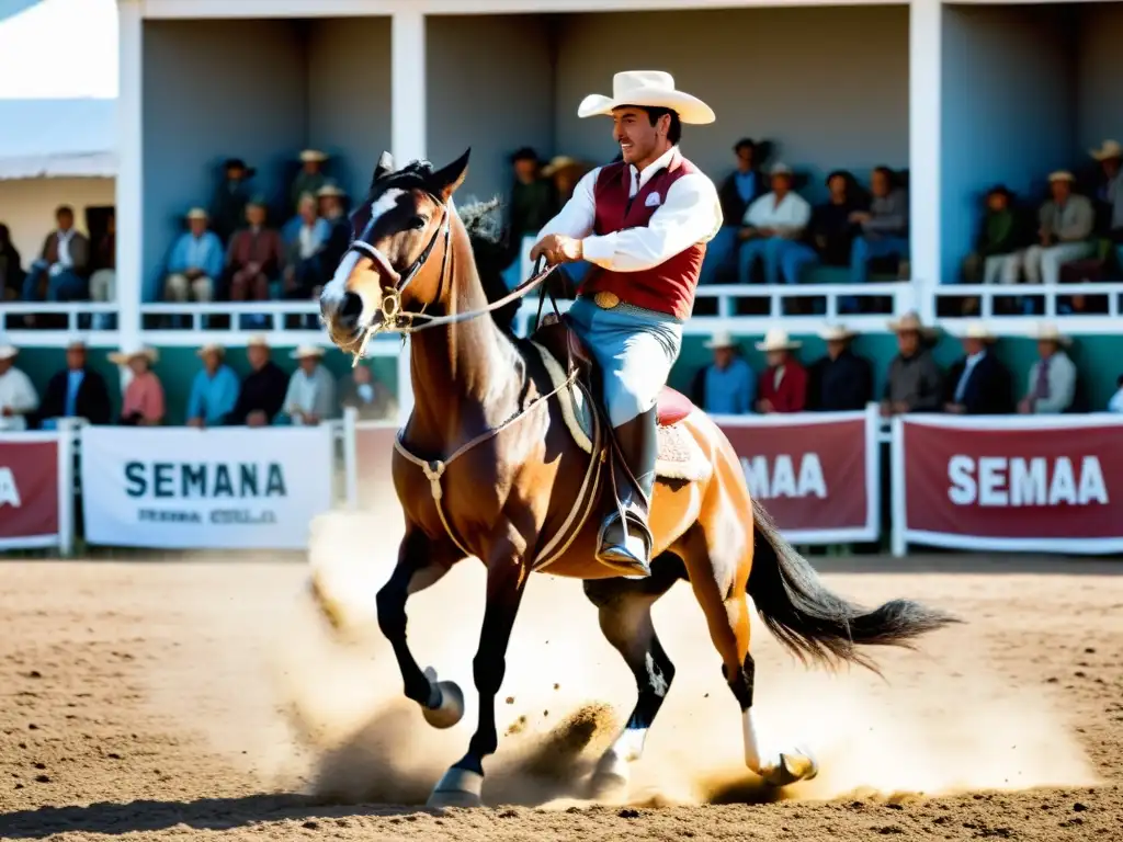 Valiente gaucho en caballo criollo durante la Semana Criolla en Uruguay, celebración tradicional llena de música, asado y alegría