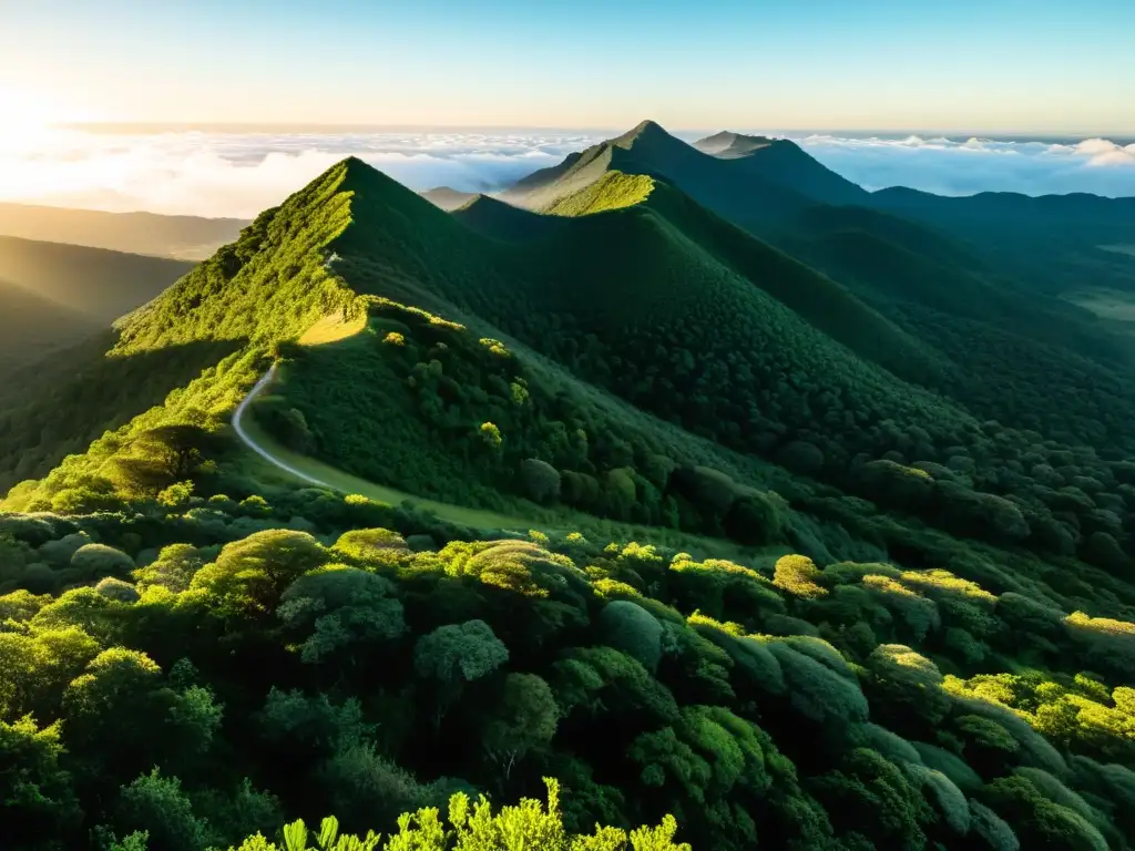 Valiente senderista al amanecer en rutas escénicas para senderismo en Uruguay, explorando bosques verdes bajo la luz solar