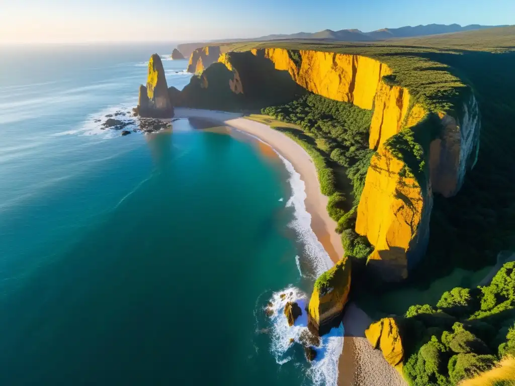 Valientes aventureros practican rapel en acantilados de Uruguay, iluminados por un majestuoso atardecer dorado sobre el Atlántico