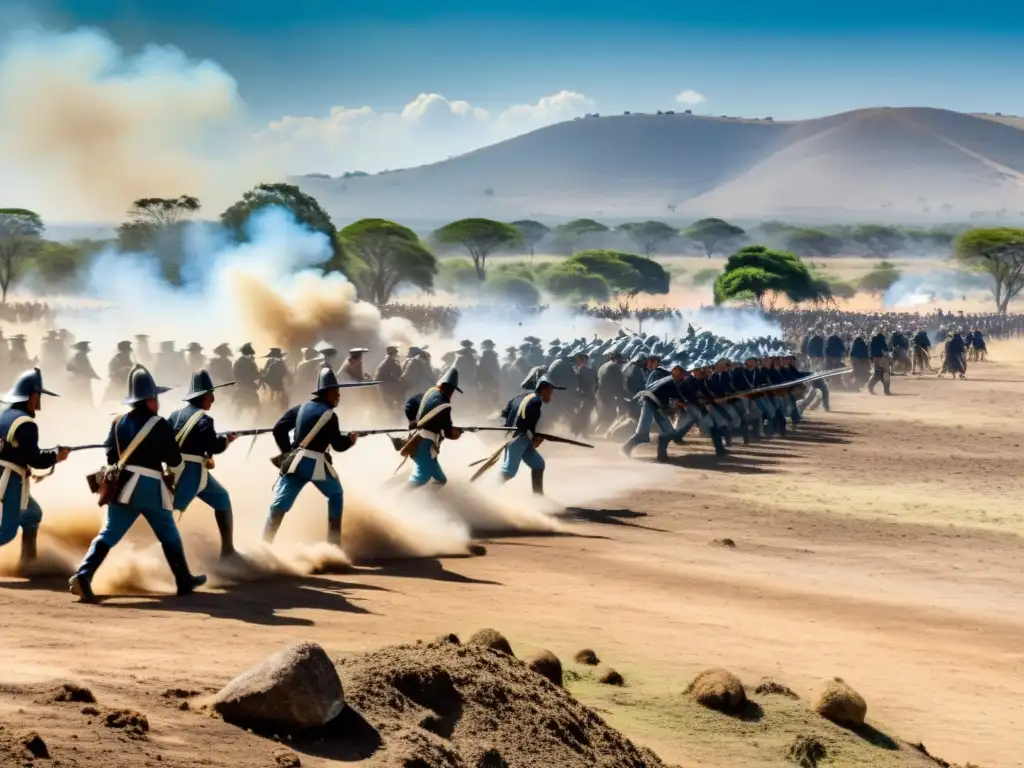 Valientes soldados uruguayos en la histórica Batalla de Las Piedras, historia uruguaya, luchando con determinación bajo un cielo naranja ardiente