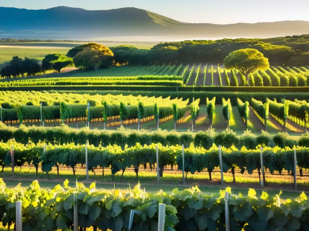 Vasto viñedo en Uruguay bañado por la dorada luz del atardecer, con la Ruta del Vino Uruguay histórica que te invita a explorar su legado centenario