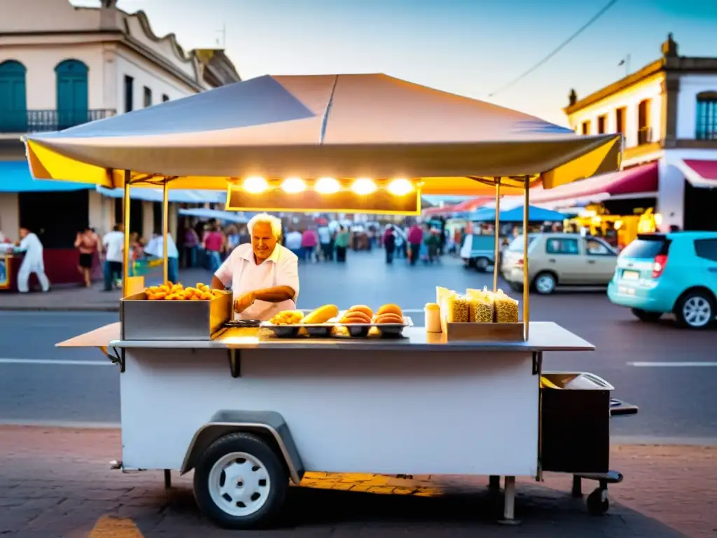 Vendedor amable prepara con esmero un hot dog en 'El Pancho', una joya de la deliciosa comida callejera uruguaya, al atardecer