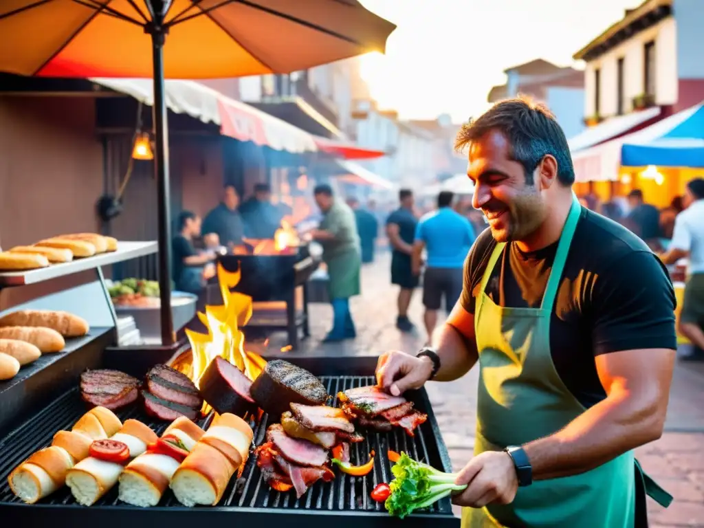 Vendedor hábil prepara un apetitoso Chivito, la deliciosa hamburguesa uruguaya, en una feria callejera bulliciosa al atardecer