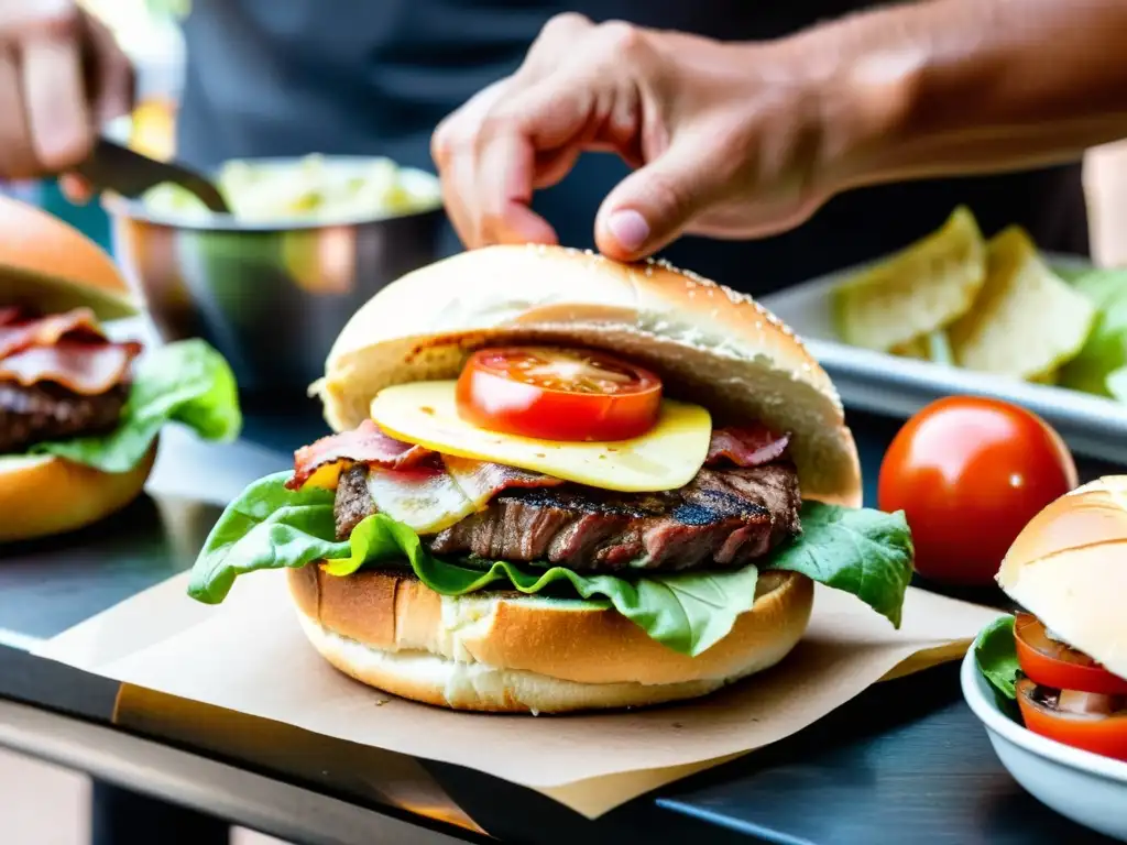 Vendedor prepara con destreza el Chivito, la deliciosa hamburguesa uruguaya, en un animado mercado callejero, rodeado de color y sabor uruguayo