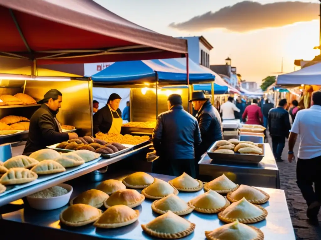 Vendedor preparando con maestría empanadas uruguayas, receta auténtica, en un bullicioso mercado al atardecer