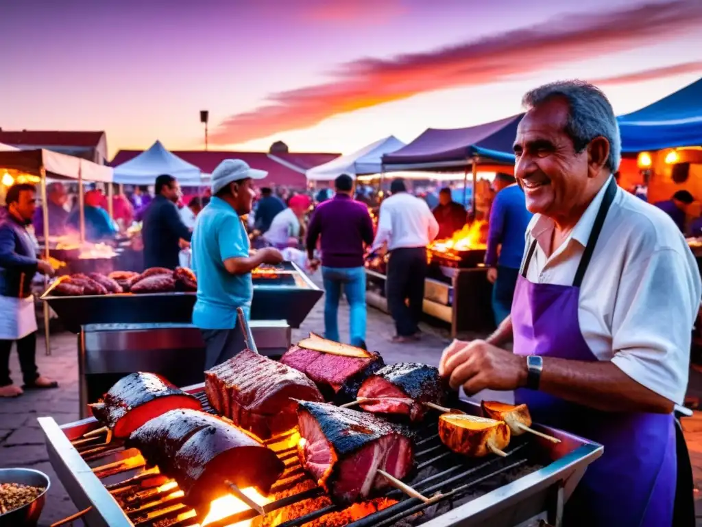 Vendedor experto prepara una parrillada uruguaya tradicional al atardecer, en un mercado lleno de color y vida