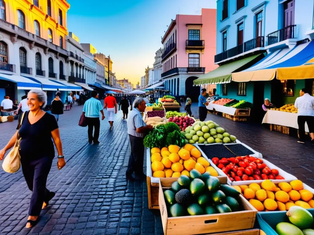 Vendedor de frutas en calles empedradas de Montevideo al atardecer, reflejando la belleza, cultura y viajes económicos en Uruguay