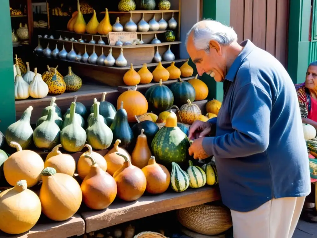 Vendedor explicando el ritual cultural del mate uruguayo a turistas en un mercado de Montevideo, con el Palacio Salvo al fondo