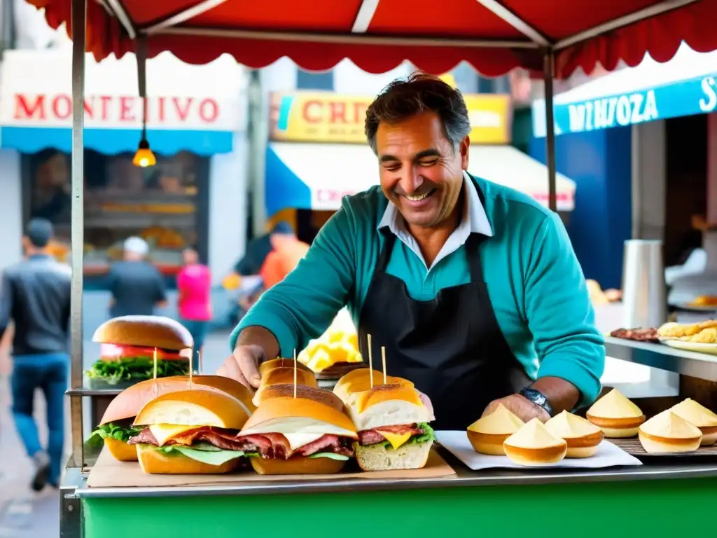 Vendedor sonriente prepara chivito en vibrante puesto de 'comida callejera uruguaya deliciosa', bajo el cálido atardecer de Montevideo