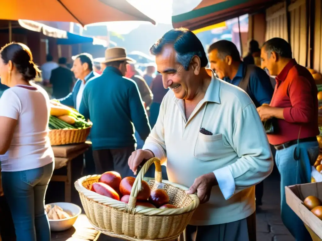 Vendedor uruguayo en mercado rústico lleno de productos frescos, ofreciendo choripan bajo el sol dorado