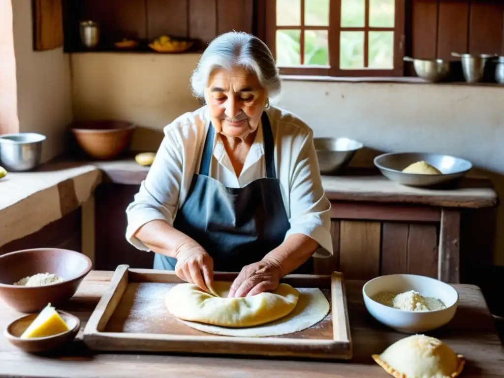 Venerable mujer uruguaya preparando empanadas en su rústica cocina, rememorando la rica gastronomía diversa uruguaya y regiones culinarias ancestrales