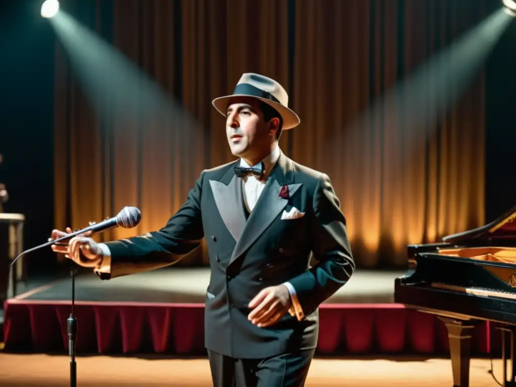 Carlos Gardel, vestido con su icónico traje y sombrero, da vida al tango en un escenario iluminado de forma tenue