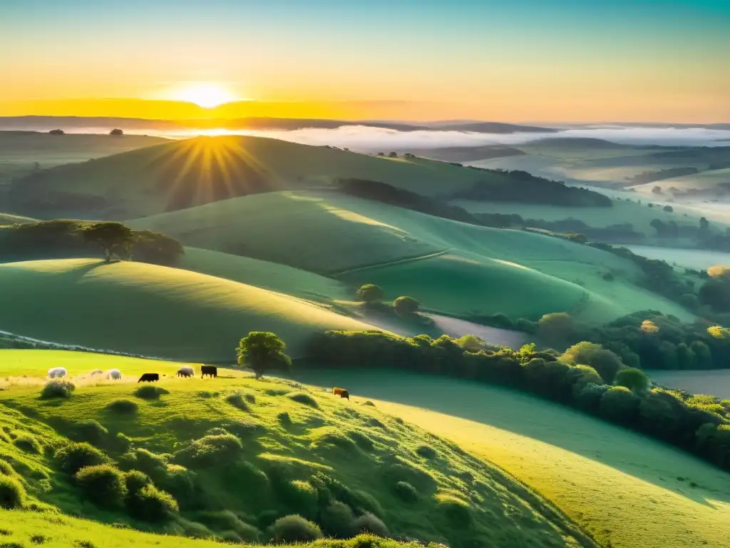 Amanecer en Uruguay, un viaje de belleza natural, desde colinas verdes hasta bosques densos, bañados por luz dorada