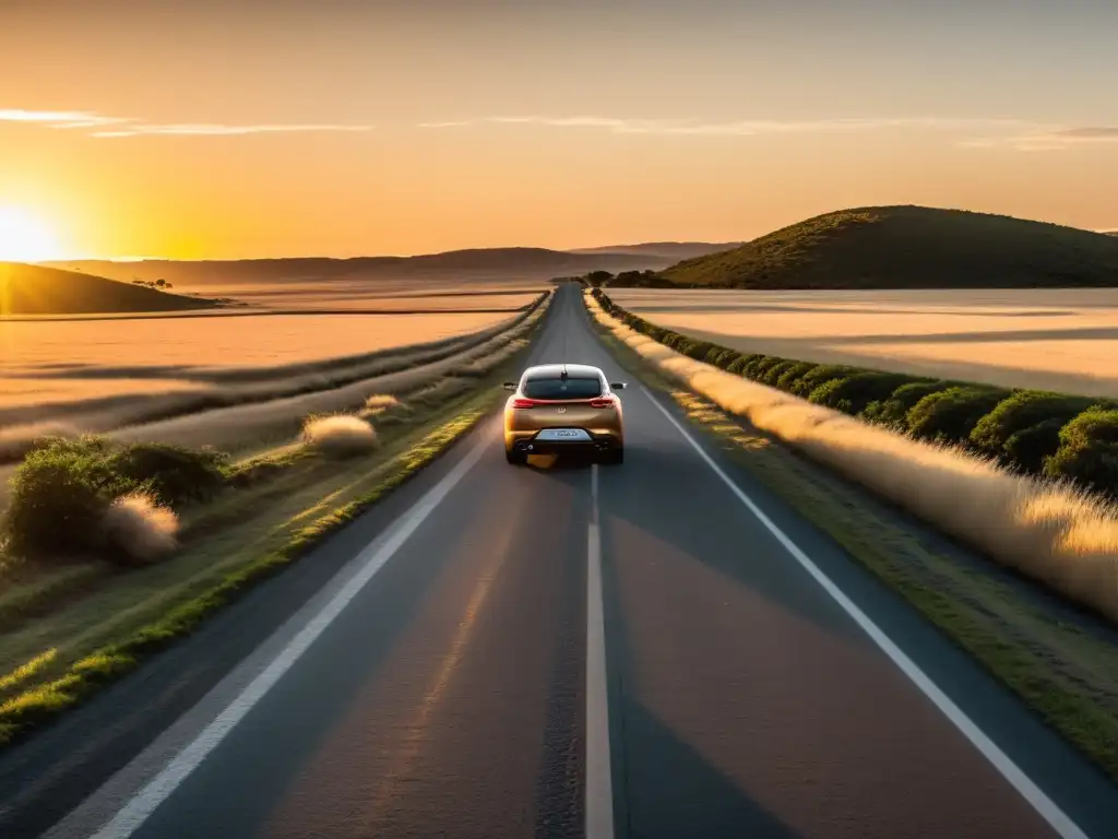 Viaje en coche de lujo por Uruguay al atardecer, reflejando doradas pinceladas en las serenas praderas