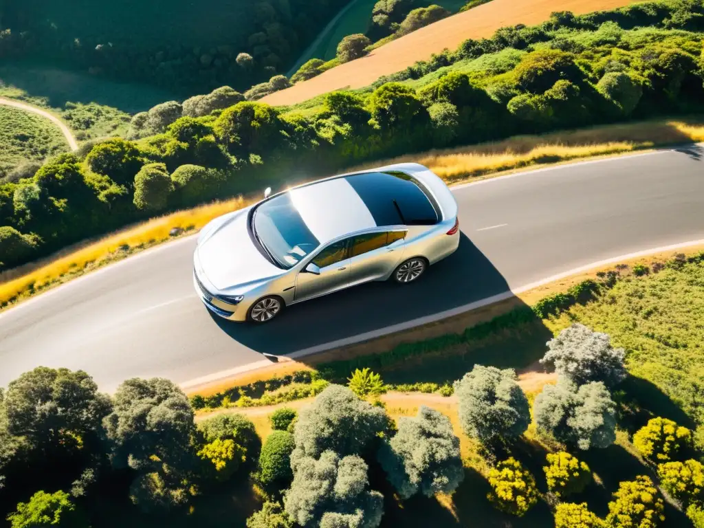 Viaje en coche de lujo por Uruguay: un auto plateado atravesando las ondulantes carreteras rurales bajo un sol radiante