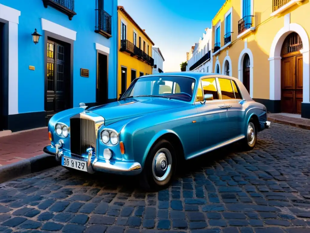 Viaje en coche de lujo por Uruguay, un Bentley brillante espera en una empedrada calle colonial bajo el dorado atardecer