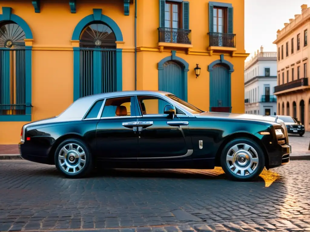 Viaje en coche de lujo por Uruguay: un deslumbrante Rolls Royce negro al atardecer en Montevideo histórico