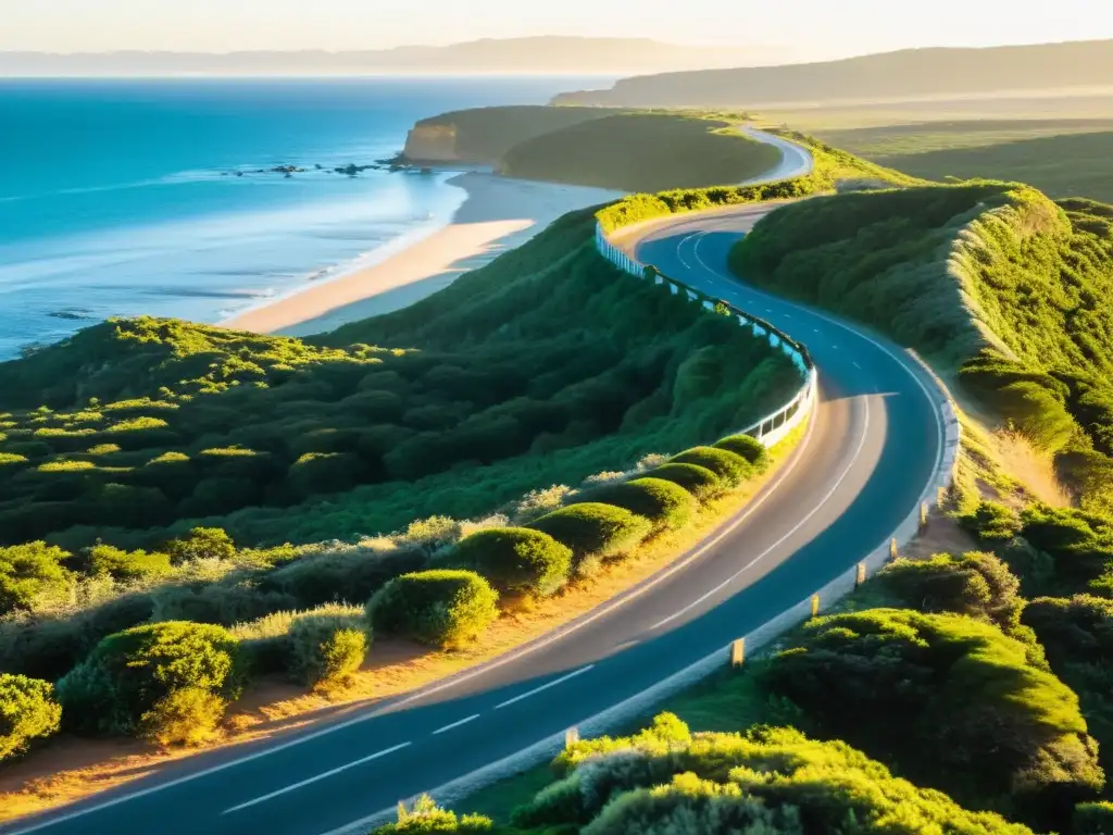 Viaje en coche vintage por la belleza natural de Uruguay, siguiendo un camino sinuoso junto a la costa iluminada por un atardecer vibrante