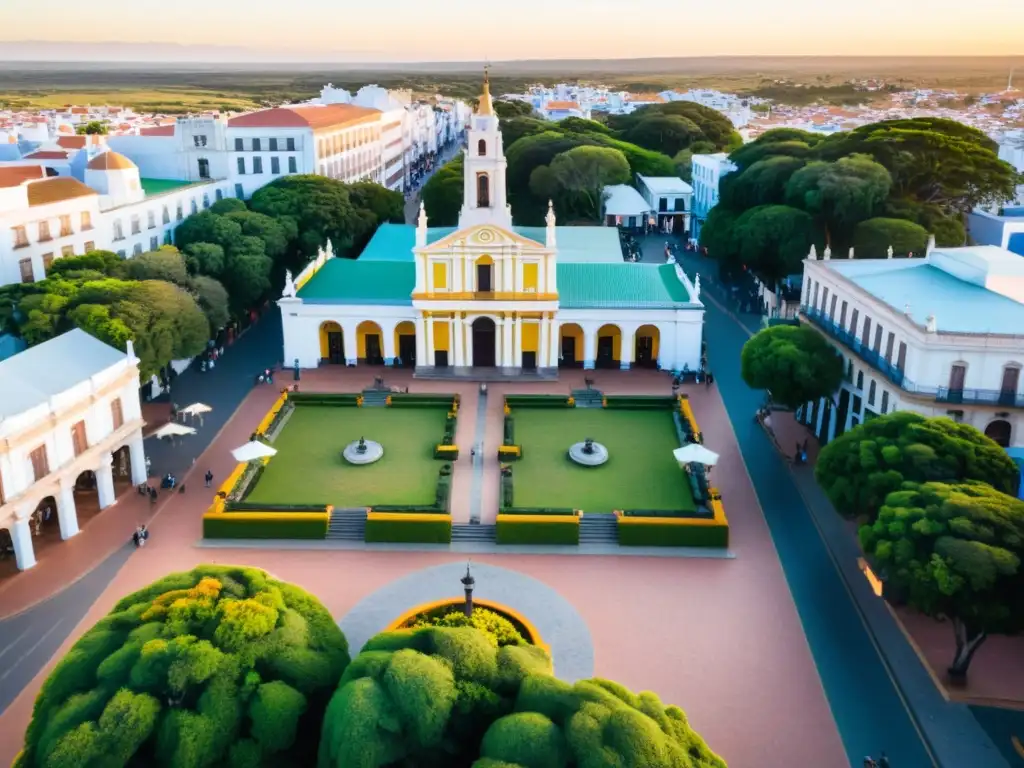 Viaje a la cuna de Artigas, Uruguay: vista aérea al atardecer, con la Plaza Batlle, la Catedral y el río Cuareim reflejando la dorada luz