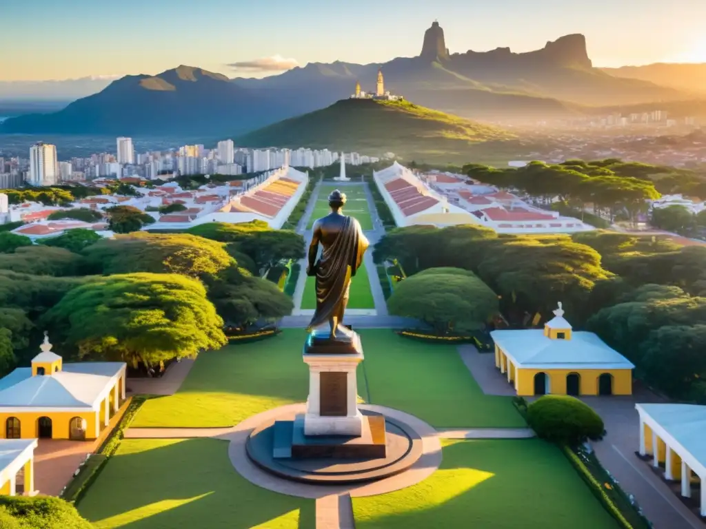 Viaje a la cuna de Artigas, ciudad uruguaya al atardecer, con la estatua del general destacada y elementos de planificación de viaje en primer plano