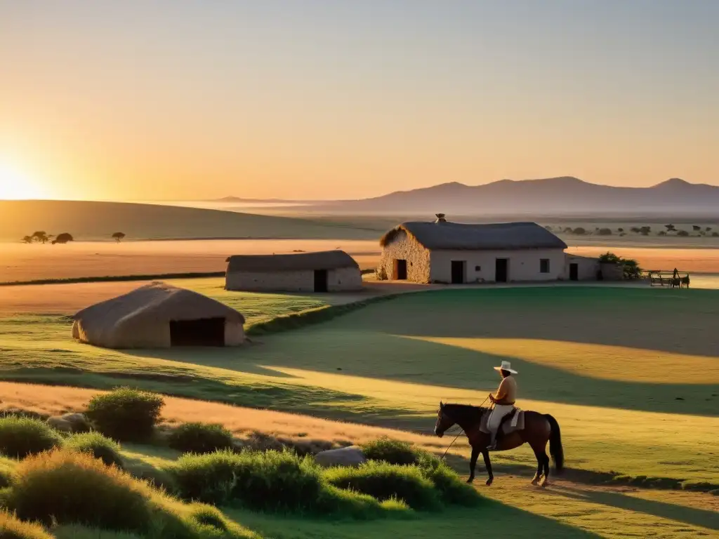 Viaje a la cuna de Artigas: amanecer dorado en las vastas llanuras uruguayas, con un caballo gaucho rústico y la humilde casa de piedra de Artigas, rodeada de vegetación nativa y el majestuoso mausoleo a lo lejos