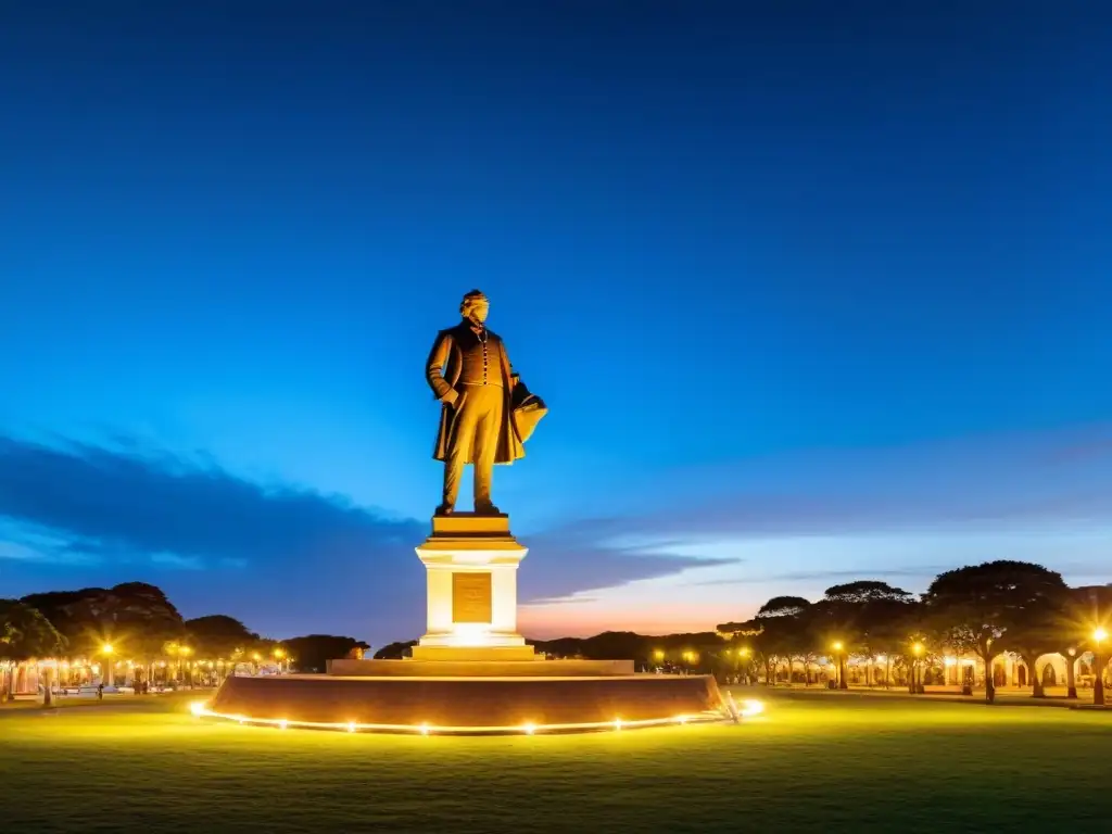 Viaje a la cuna de Artigas, una vista panorámica al anochecer, con la estatua de José Artigas destacando en la ciudad iluminada