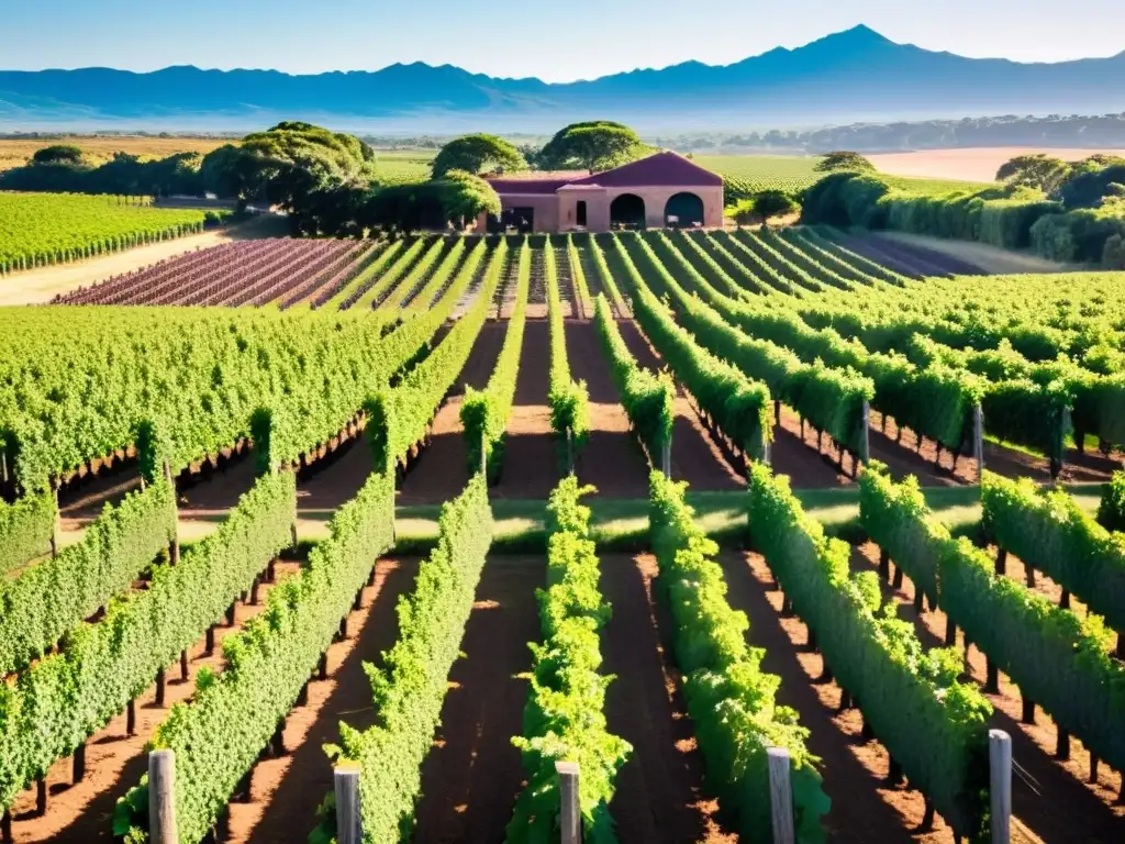 Viaje enológico en Uruguay, Tannat pasión reflejada en el sol dorado sobre un viñedo frondoso y trabajadores dedicados