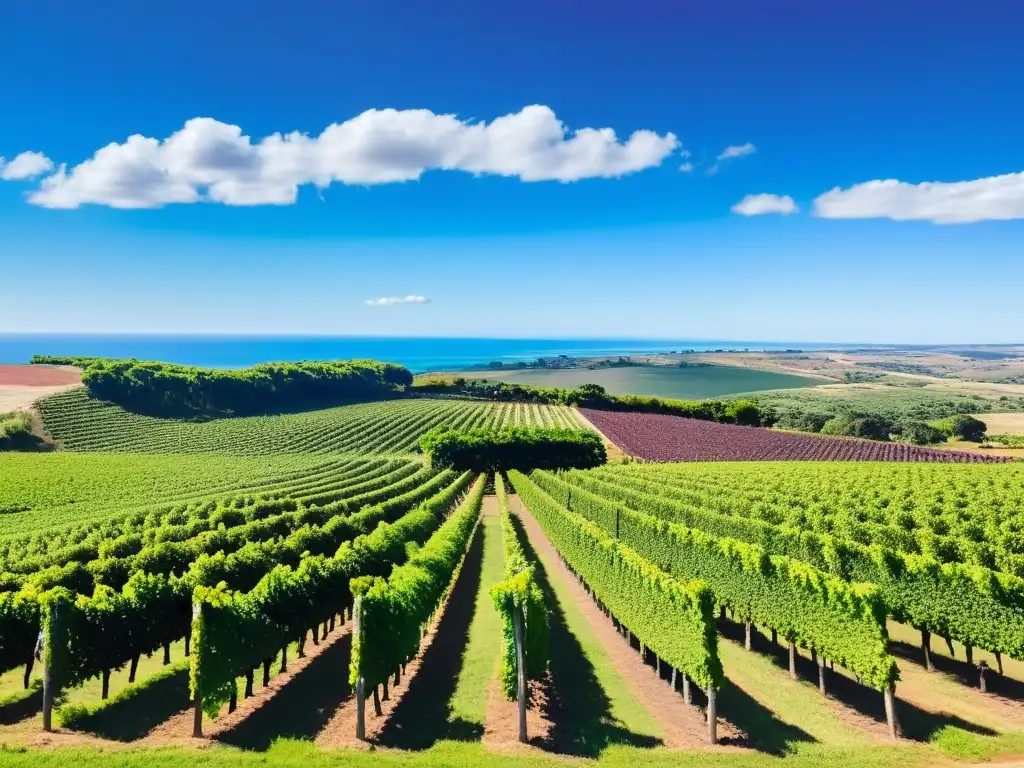 Viaje enológico en Uruguay, con viñedos Tannat bajo un cielo azul radiante y una estancia tradicional, reflejando la pasión por el vino