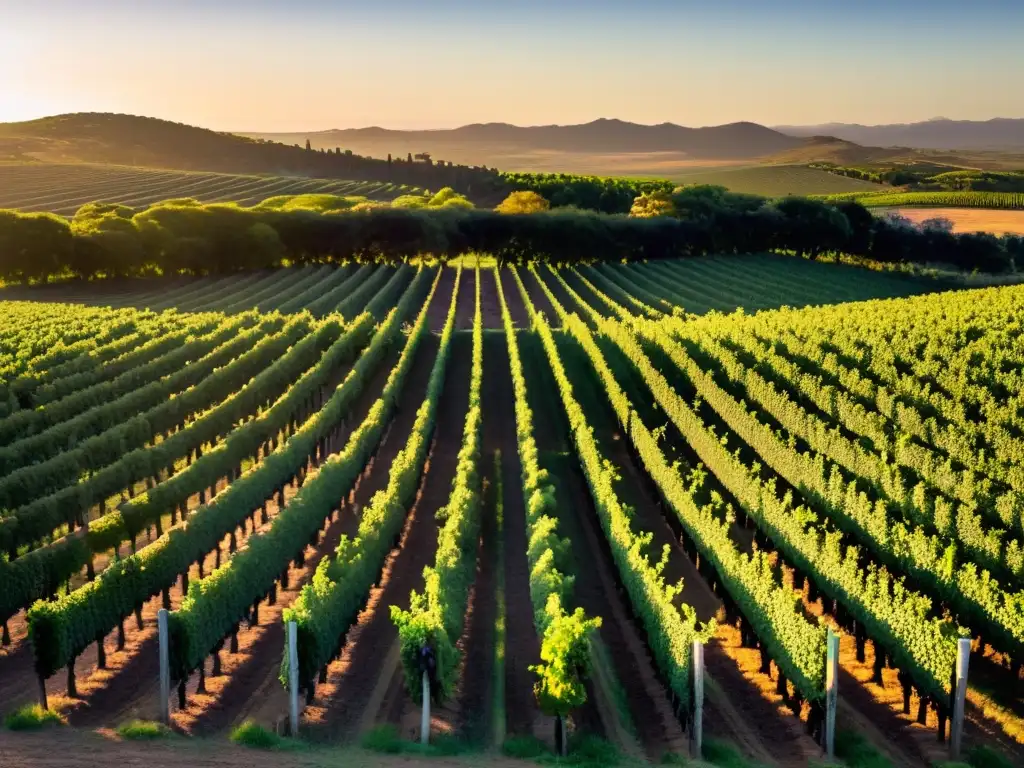 Viaje enológico Uruguay Tannat pasión: Panorama del viñedo al atardecer, manos veteranas cuidando uvas maduras y bodega rústica