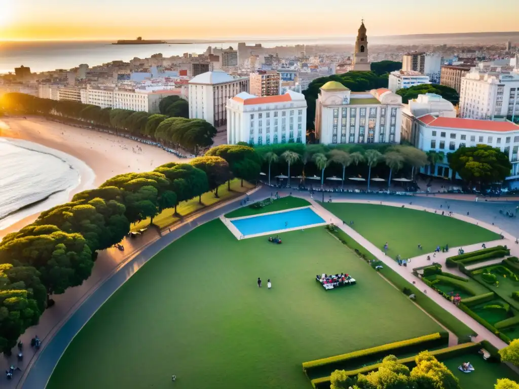 Viaje familiar en Uruguay, disfrutando un atardecer dorado en Montevideo, mezcla de cultura, belleza y arquitectura colonial