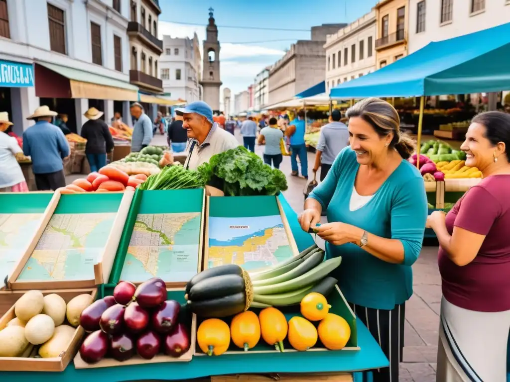 Viaje familiar en Uruguay, explorando con emoción la cultura y belleza de un animado mercado en Montevideo, bajo un cálido atardecer