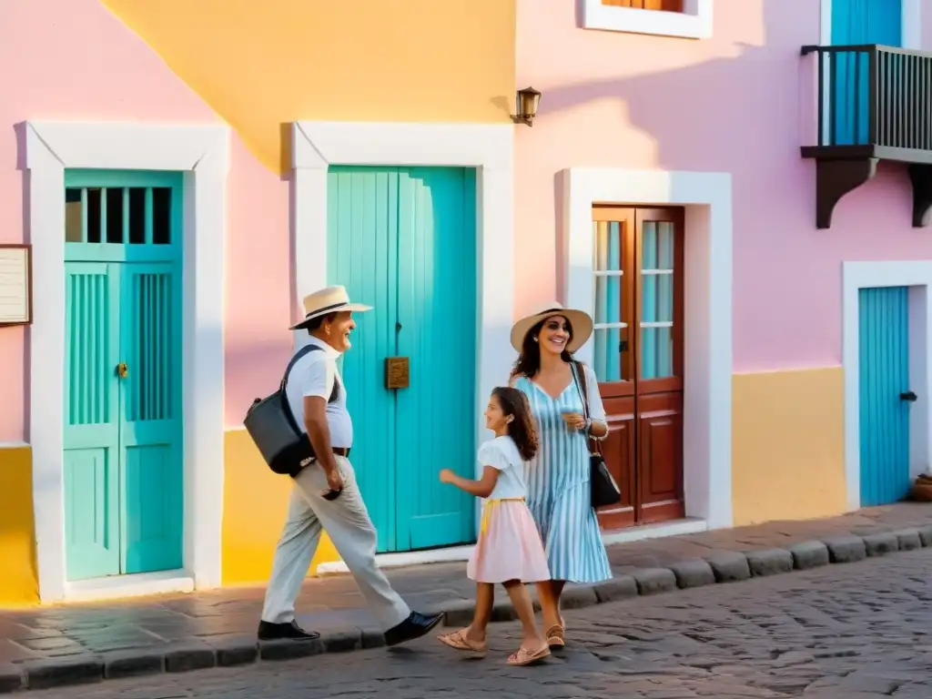 Viaje familiar a Uruguay sin estrés, explorando alegremente las históricas calles de Colonia del Sacramento al atardecer