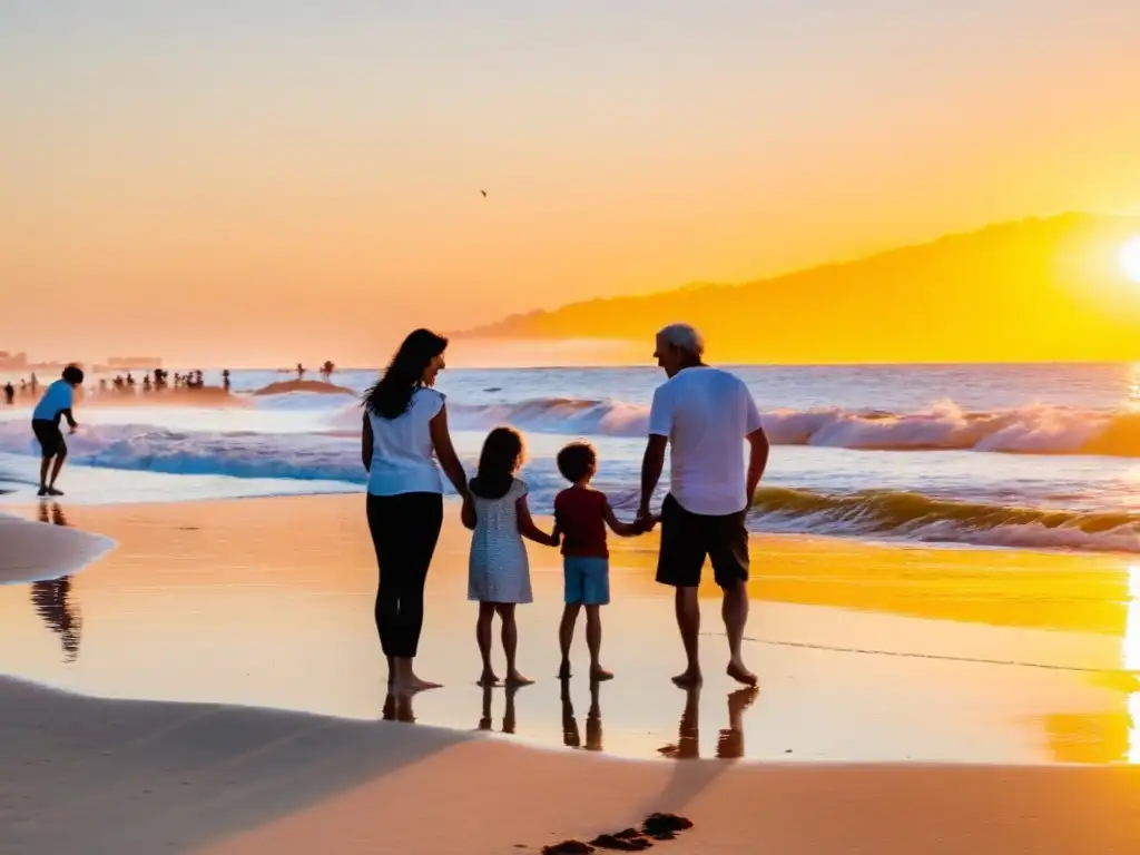 Viaje familiar a Uruguay sin estrés: padres sonrientes y niños jugando al atardecer dorado en la pacífica costa de Montevideo