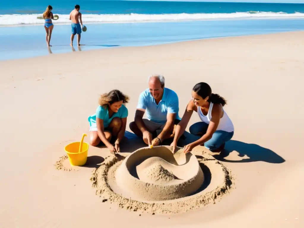 Viaje familiar a Uruguay sin estrés: padres y niños construyen castillos de arena en una soleada playa de Montevideo, bajo un cielo azul claro