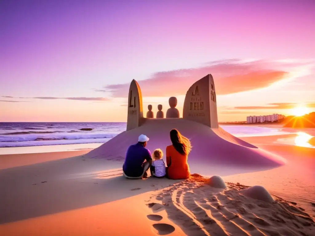 Viaje familiar a Uruguay sin estrés, disfrutando risas y castillos de arena bajo un cielo de colores vibrantes en Punta del Este