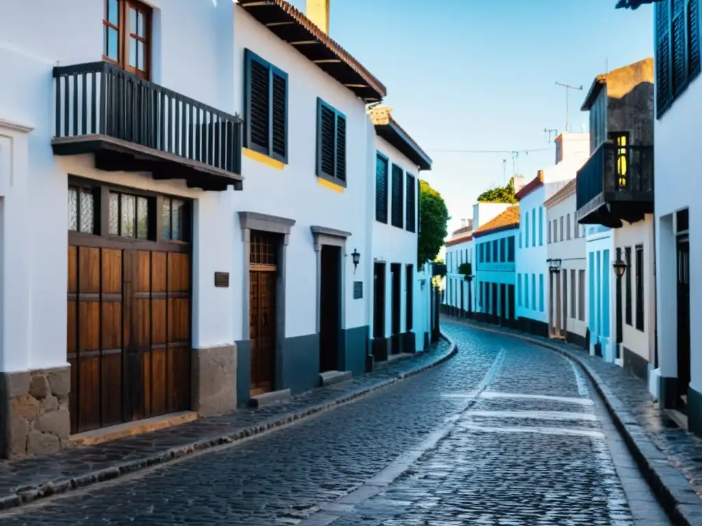 Viaje fotográfico por las calles coloniales de Uruguay, con faroles y un coche vintage en un atardecer dramático