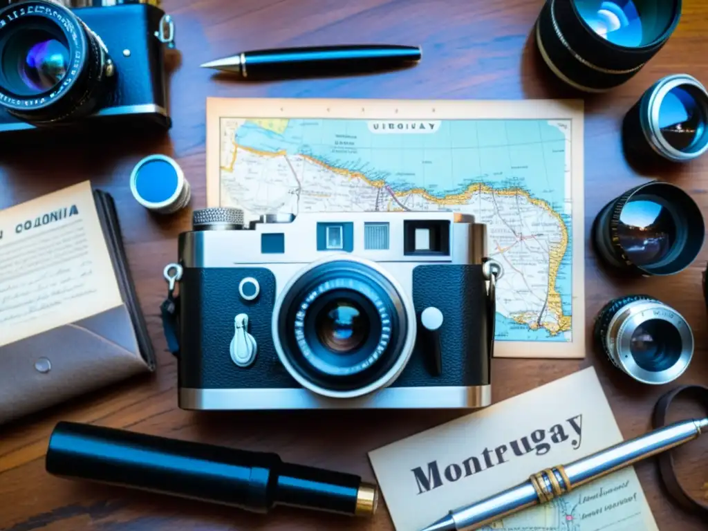 Preparando un viaje fotográfico por las calles coloniales de Uruguay, con cámaras vintage y mapa desplegado