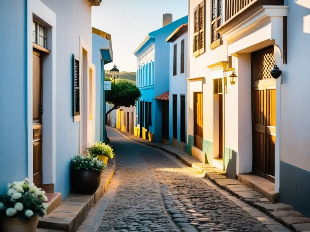 Viaje fotográfico por las calles coloniales de Uruguay, capturando la belleza nostálgica del atardecer en blanco y negro