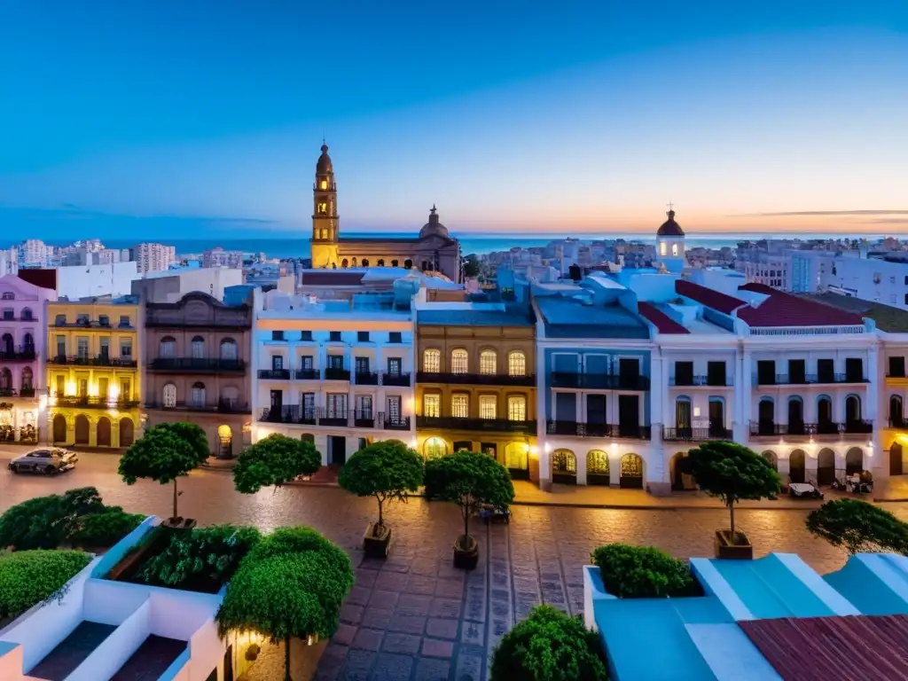 Viaje fotográfico por calles coloniales de Uruguay, mostrando un panorama emocionante de Montevideo durante el crepúsculo