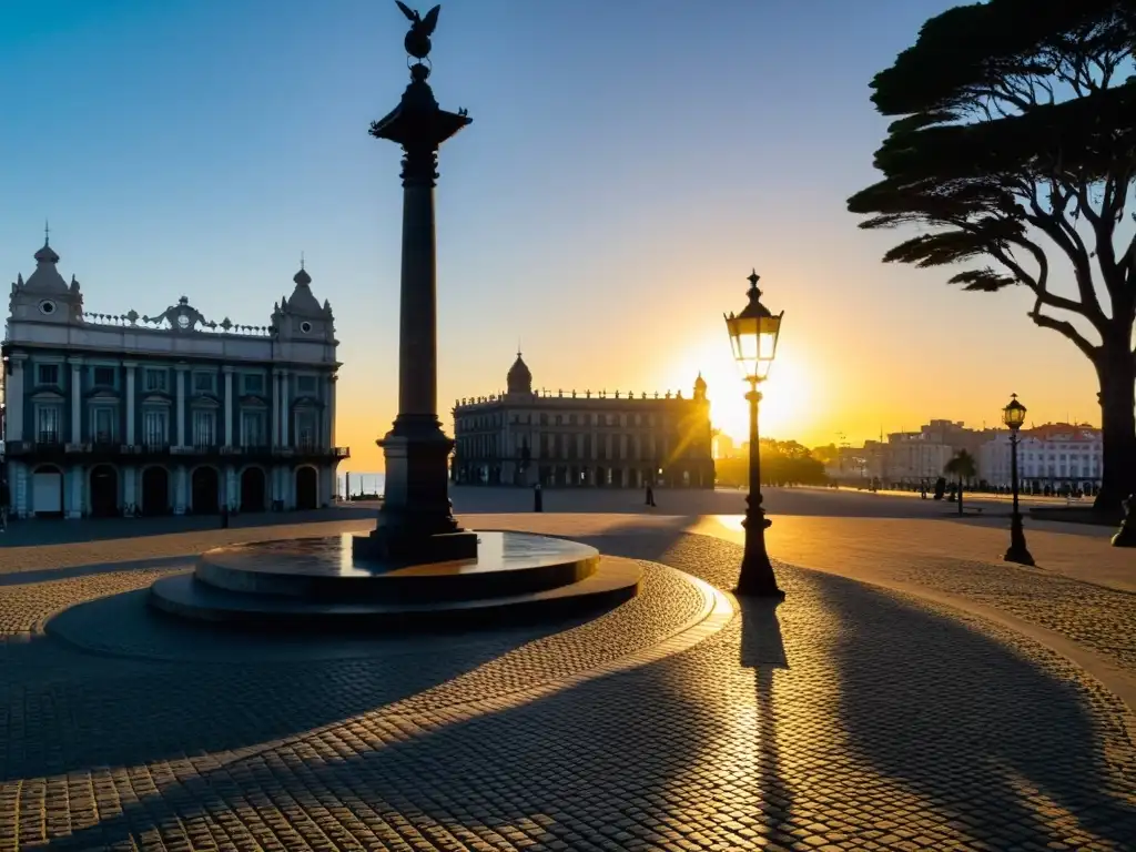 Viaje fotográfico Montevideo: luces y sombras dan vida a la Plaza Independencia al amanecer, silueteando el pasado en cada detalle