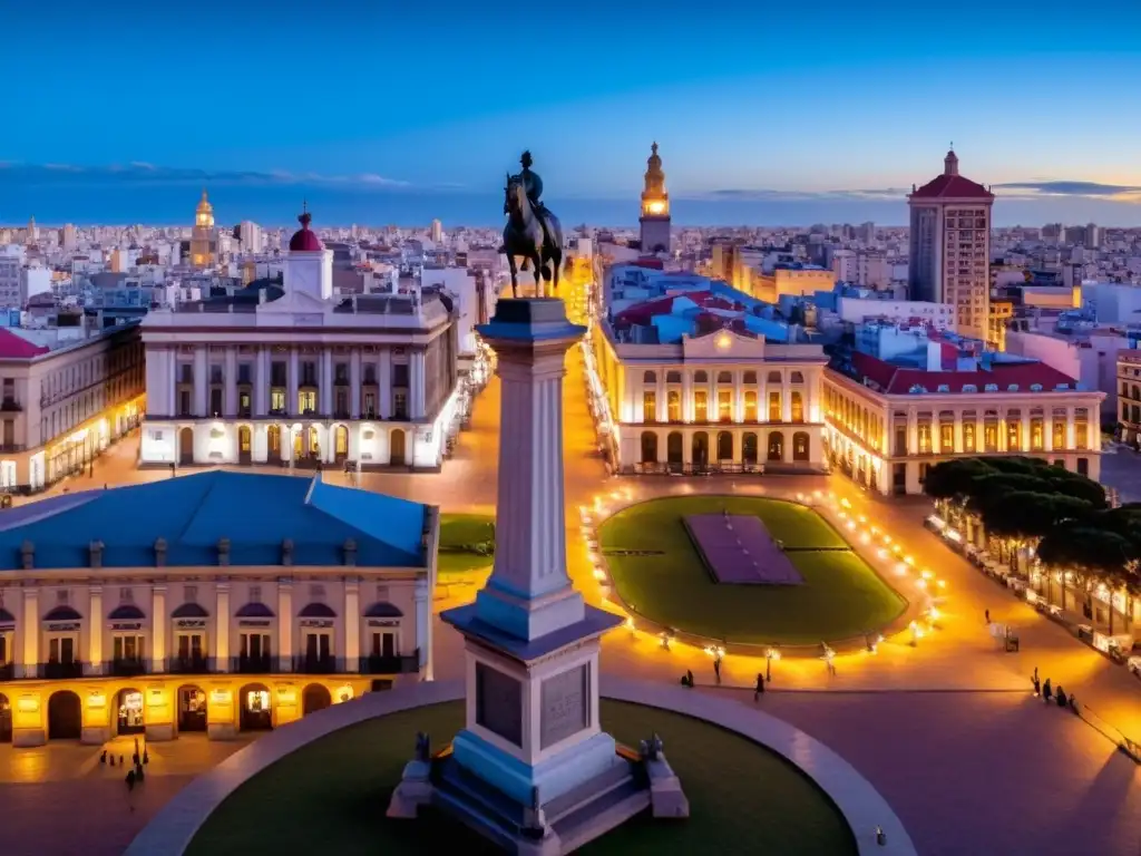 Viaje fotográfico: Montevideo bajo luces y sombras, con la majestuosa Plaza Independencia y el Palacio Salvo imponiéndose en la noche estrellada