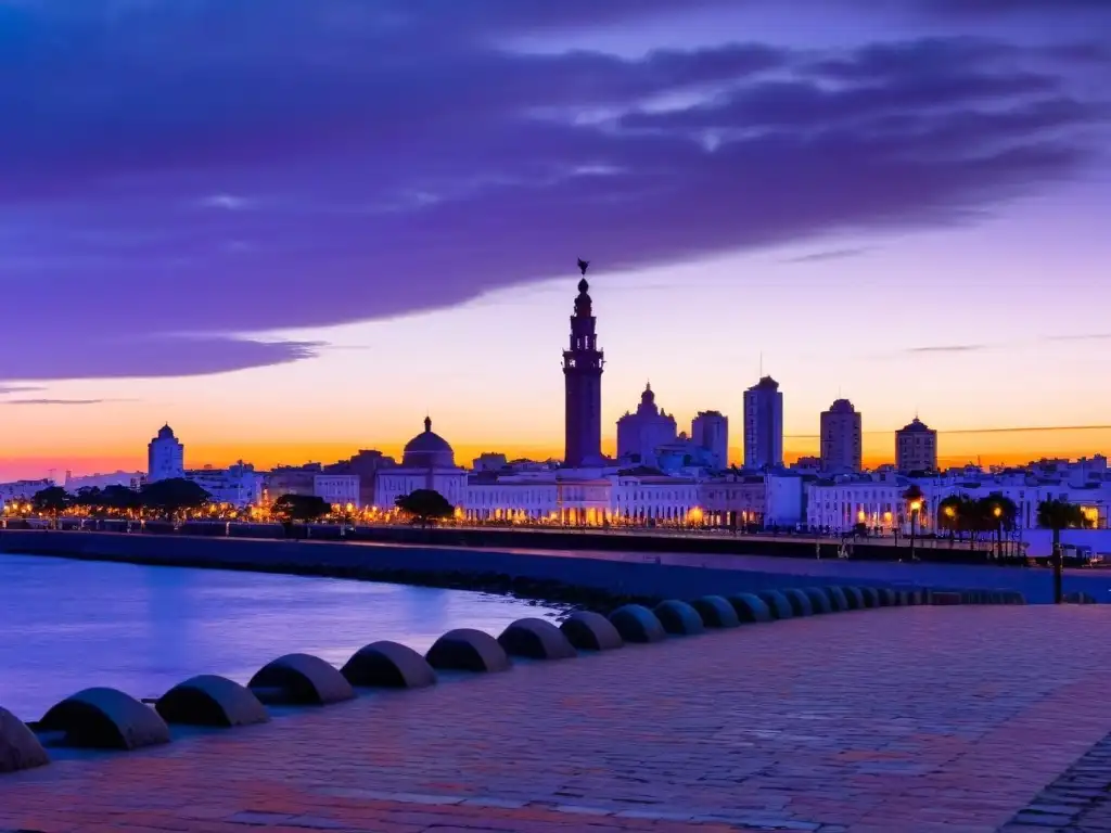 Viaje fotográfico en Montevideo, capturando las luces y sombras de su skyline al anochecer, reflejadas en calles húmedas