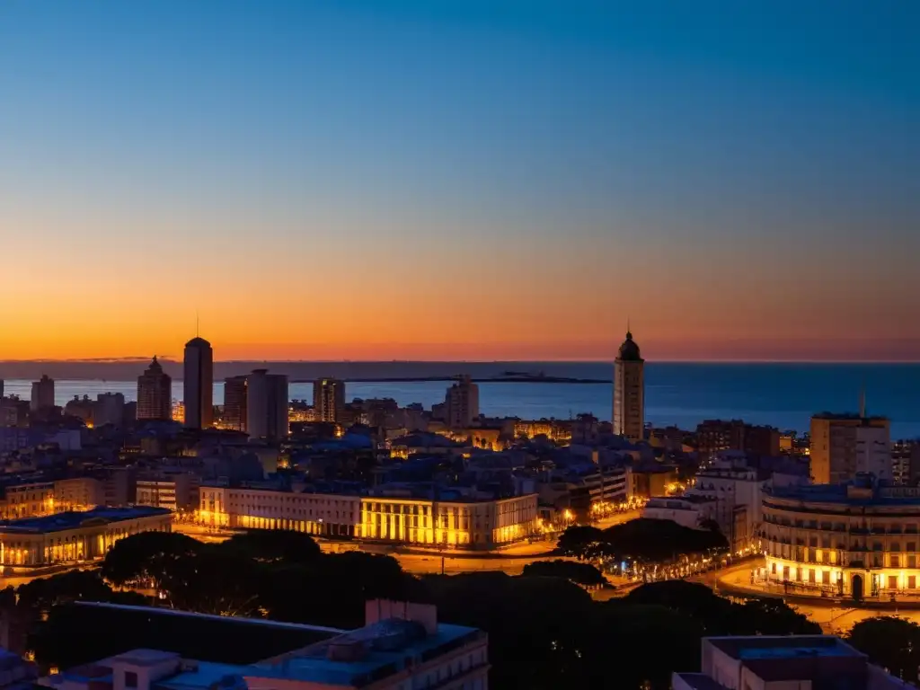 Viaje fotográfico por Montevideo, luces y sombras danzando al anochecer, arquitectura icónica resplandeciendo en la vastedad del Río de la Plata