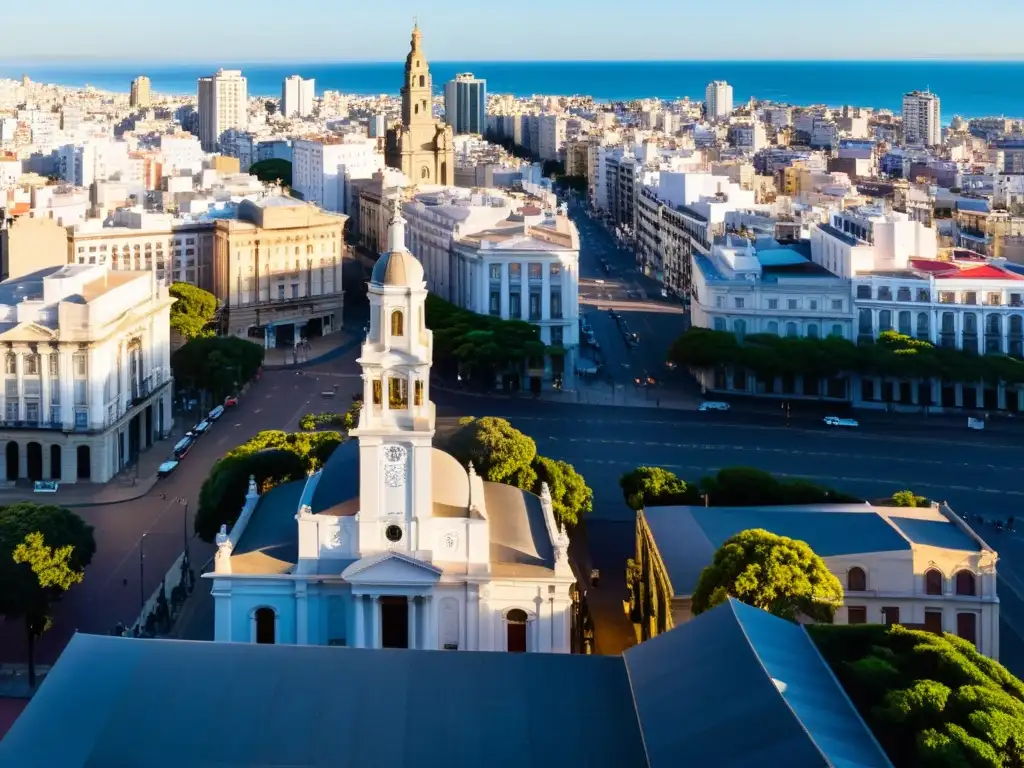 Viaje fotográfico por Montevideo, capturando la mágica danza de luces y sombras en su histórico skyline al anochecer