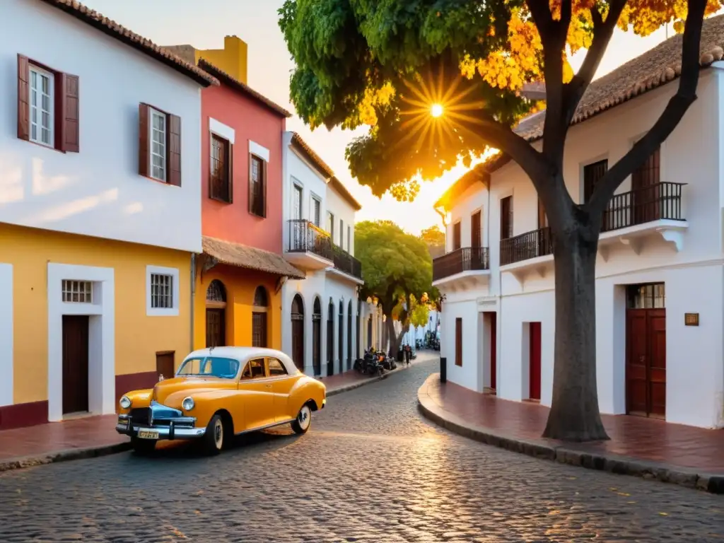 Viaje fotográfico por Uruguay, tradición y nostalgia en Colonia del Sacramento, calles empedradas y coche clásico al atardecer