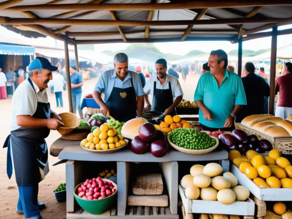 Viaje gastronómico por las tradiciones de Uruguay, un bullicioso mercado local lleno de sabores, risas y aromas cautivadores