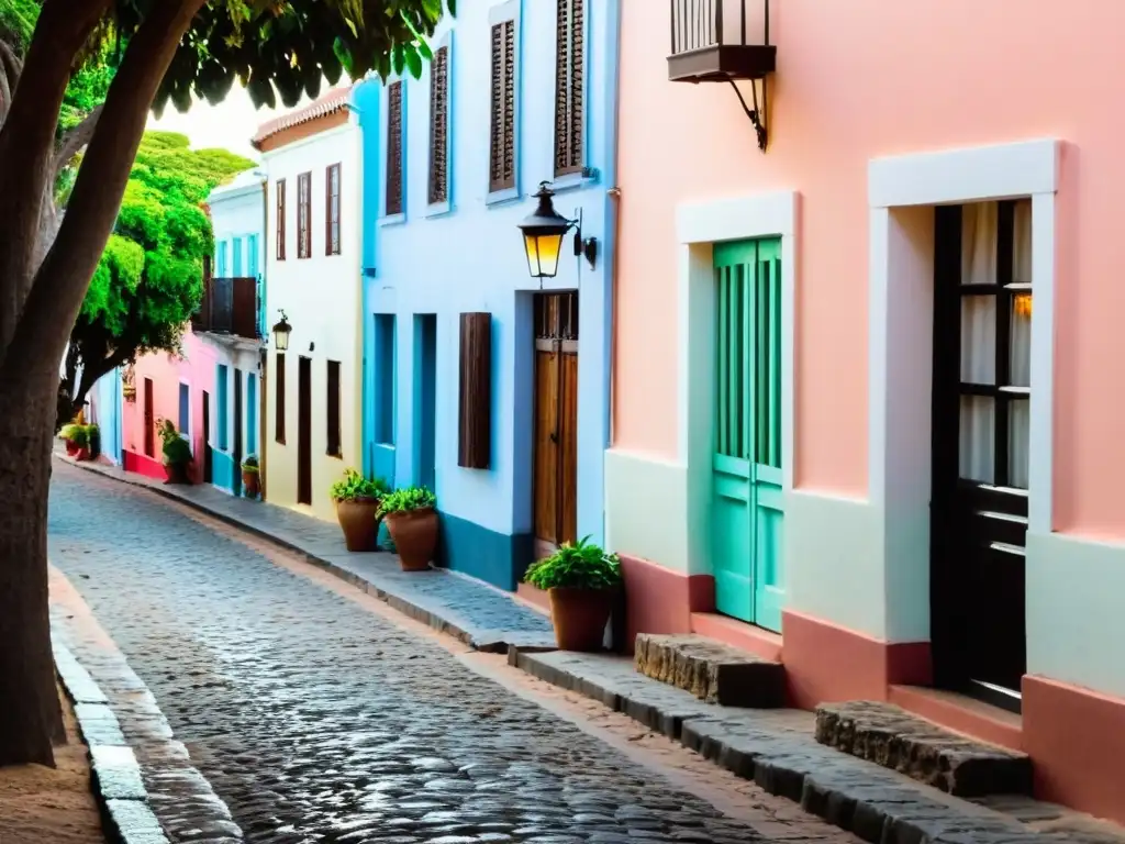 Viaje gastronómico por las tradiciones de Uruguay: una mágica calle empedrada en Colonia del Sacramento, iluminada por faroles antiguos