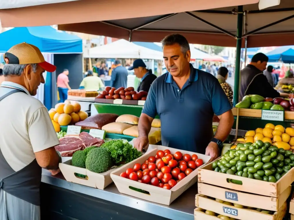 Viaje gastronómico por las tradiciones de Uruguay: mercado bullicioso en Montevideo, vendedor preparando Chivito, empanadas y asado